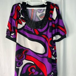 Nygard Collection XL (18-20) Abstract Print Blouse with Beaded Neckline